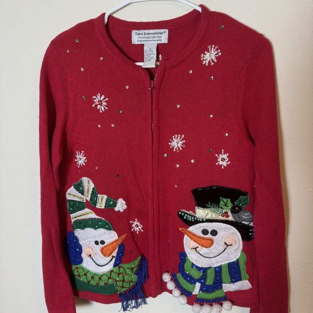 Tiara International Christmas Sweater Snowman Sequin  Xmas Small Red Snowmen